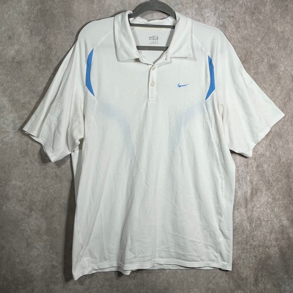 Nike FitDry Polo Shirt Mens Size XL White Blue Short Sleeves Athleisure Outdoor